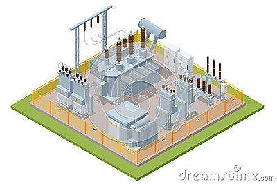 Isometric Transformer . Electric Energy Factory Distribution Chain. Isolated set Icon Energy Substation. High-Voltage Vector Illustration
