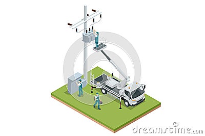 Isometric Transformer . Electric Energy Factory Distribution Chain. Maintenance of voltage transformer, repair of power Vector Illustration