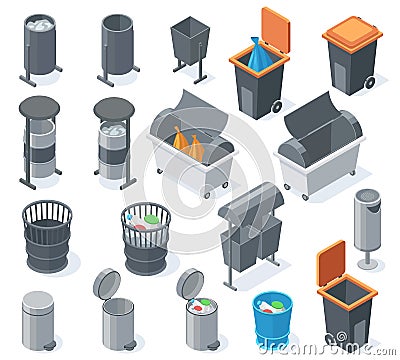 Isometric trash bins, 3d garbage rubbish can, waste recycle baskets. City waste sorting and recycling containers vector Vector Illustration