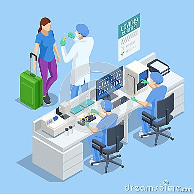 Isometric traveling during pandemic of COVID-19 essentials. Traveller with negative PCR test for coronavirus. Travel to Vector Illustration