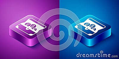 Isometric Treasure chest icon isolated on blue and purple background. Square button. Vector Vector Illustration