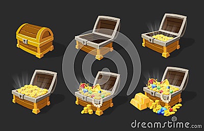 Isometric Treasure Chests Animation Set Vector Illustration