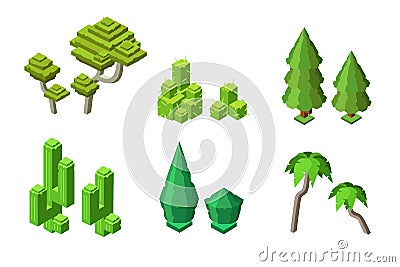 isometric tree plants cactus bush set Cartoon Illustration