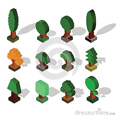 Isometric Tree. Set of Different Trees with Shade in Isometric P Vector Illustration