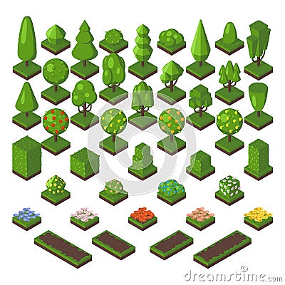 Isometric tree set green forest nature vector illustration. Vector Illustration