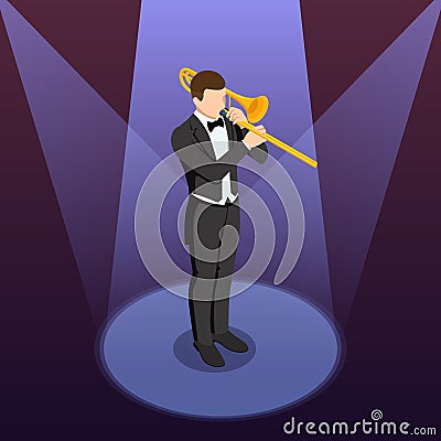 Isometric trombone orchestra brass instrument. Male musician playing a trombone Vector Illustration