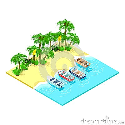 Isometric tropical beach with four different pleasure boats. Vector Illustration