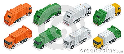 Isometric Truck dumpster. Garbage recycling and utilization equipment. City waste recycling concept with garbage truck. Vector Illustration