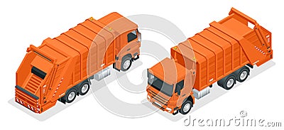 Isometric Truck dumpster. Garbage recycling and utilization equipment. City waste recycling concept with garbage truck. Vector Illustration