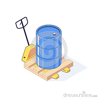 Isometric truck pallet with barrels. 3d pallets cargo goods fuel benzin petrol gas and combustible vector illustration Cartoon Illustration