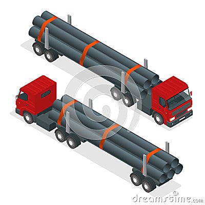 Isometric Truck tractor with flatbed trailer hauling pipe. Vector infographic element. Vector Illustration