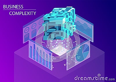 Digital business complexity concept. 3d isometric vector illustration with floating complex multi-faceted cube Vector Illustration