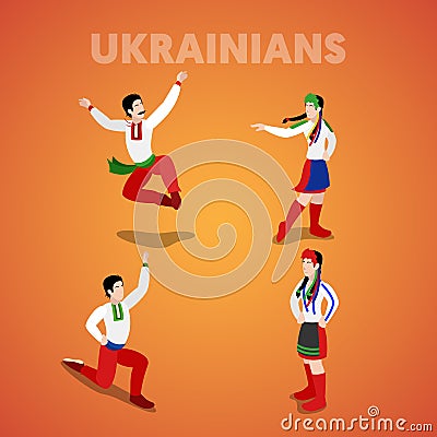 Isometric Ukrainian Dancing People in Traditional Clothes Vector Illustration