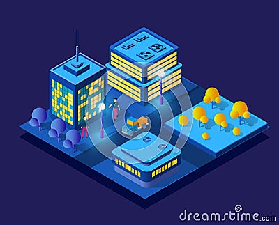 Isometric ultra city concept of violet style Vector Illustration