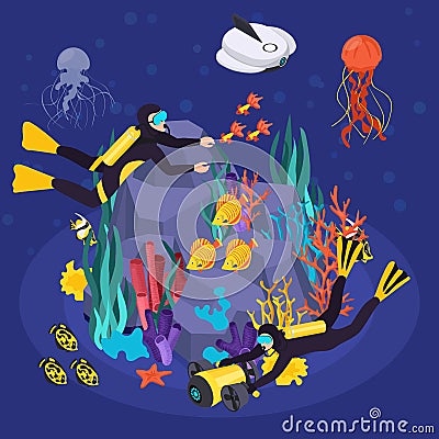 Isometric Underwater Vehicles Machines Equipment Concept Cartoon Illustration