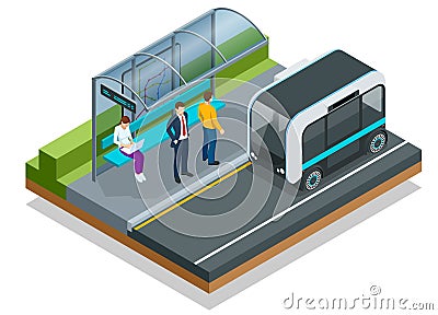 Isometric Unmanned Shuttle Bus. Automated self-driving vehicle system in city. Vector Illustration
