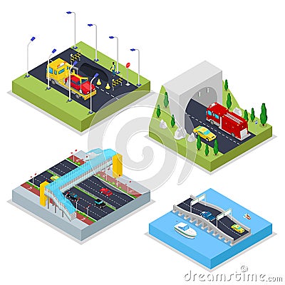Isometric Urban Infrastructure with Avenue, Tunnel, Cars and Bridge. City Traffic Vector Illustration