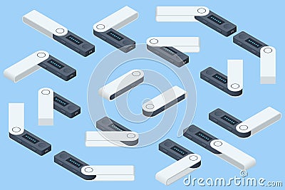 Isometric USB flash drives are hardware wallets. Personal Bitcoin wallet for cryptocurrency, keeps your coins offline Vector Illustration
