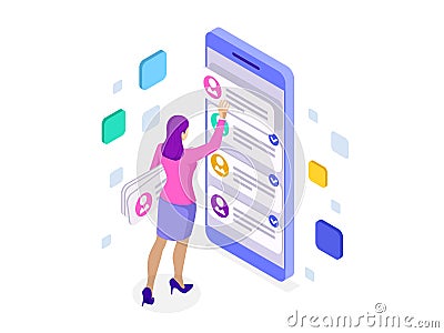 Isometric ux app development and holding smartphone. User experience. Website design and development. Vector Illustration