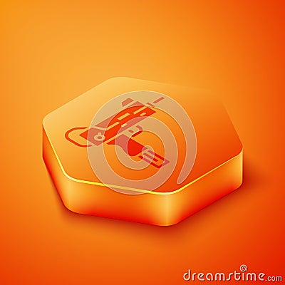 Isometric UZI submachine gun icon isolated on orange background. Automatic weapon. Orange hexagon button. Vector Vector Illustration