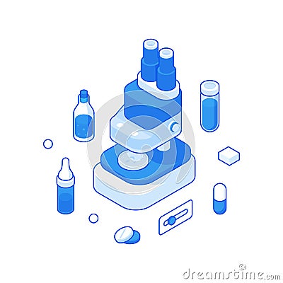 Isometric various chemical medications around modern microscope Cartoon Illustration