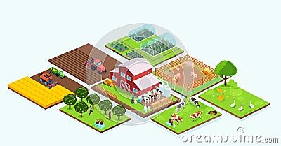 vector of an agricultural farm buildings, barn, orchard, grain harvest, animals and farmers Stock Photo