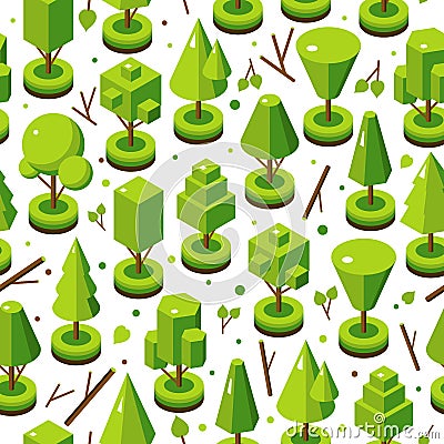 Isometric vector bright tree set in seamless pattern. Landscape constructor kit. Different trees for make nature design Stock Photo