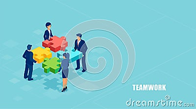 Isometric vector of business people solving a problem in team isolated on blue background Vector Illustration
