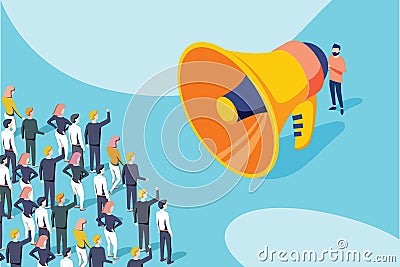 Isometric vector of a businessman or politician with megaphone making an announcement to a crowd of people. Vector Illustration