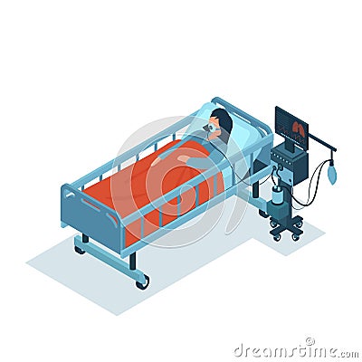 Isometric vector of a critically ill patient on ventilator machine receiving oxygen therapy Stock Photo