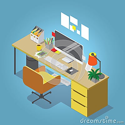 Isometric vector home office concept illustration. Workplace interior set Vector Illustration