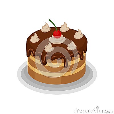 Isometric vector icon of big tasty cake with chocolate topping, whipped cream and red cherry on top. Delicious dessert Vector Illustration