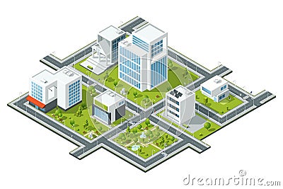Isometric vector illustration of public constructions. Buildings and trees on 3d map fragment. Cartography picture Vector Illustration