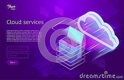 Isometric vector illustration showing the cloud computing services concept laptop and web servers. Cloud data storage Vector Illustration