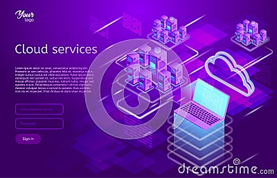 Isometric vector illustration showing the cloud computing services concept laptop and web servers. Cloud data storage. Vector Illustration