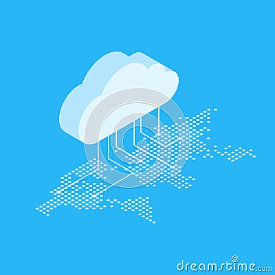 Isometric vector illustration showing the concept of cloud computing. From the cloud in the world map Vector Illustration