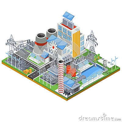 Isometric vector illustration of a thermal thermal power plant running on alternative sources of energy. Vector Illustration