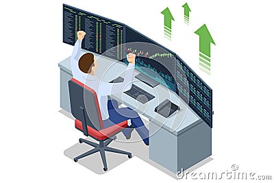 An isometric vector illustration of a trader celebrating in front of multiple stock market monitors displaying positive Vector Illustration