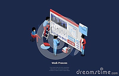 Isometric Vector Illustration Of Working Process Concept. 3D Cartoon Design Composition, Group Of Male And Female Vector Illustration