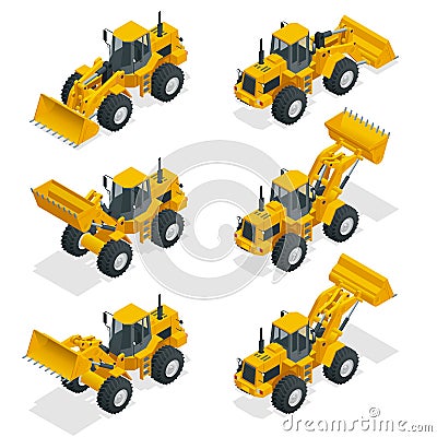 Isometric Vector illustration yellow bulldozer tractor, construction machine, bulldozer isolated on white. Yellow Wheel Vector Illustration
