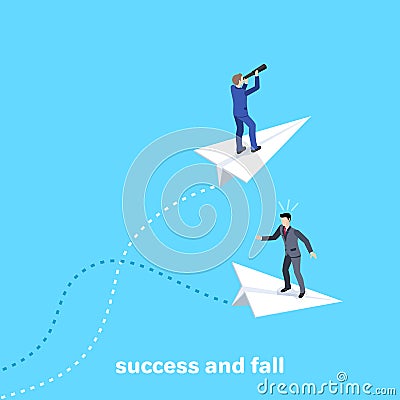 men in business suits fly on paper airplanes, one of them flies successfully and the Vector Illustration