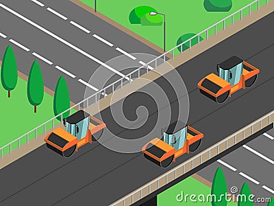 Isometric vector image of road repair, asphalt laying; road rollers are rolling asphalt, overpass, road junction. Isometric city Stock Photo