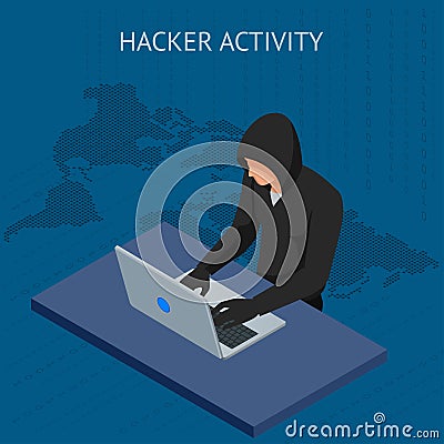 Isometric vector Internet hacker attack and personal data security concept. Computer security technology. E-mail spam Vector Illustration