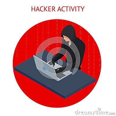 Isometric vector Internet hacker attack and personal data security concept. Computer security technology. E-mail spam Vector Illustration