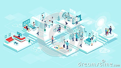 Isometric vector of a medical clinic hospital inpatient care with rooms, patients, doctors and nurses. Vector Illustration