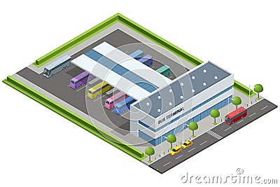 Isometric vector of a modern bus terminal labeled Bus Terminal with buses parked in designated spaces and adjacent Vector Illustration