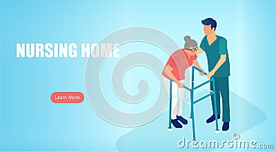 Isometric vector of a nursing home with a nurse assisting elderly woman Vector Illustration