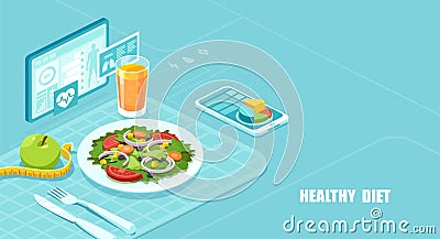 Isometric vector of a nutrition app showing nutrition facts and assisting in calories count of a meal Vector Illustration