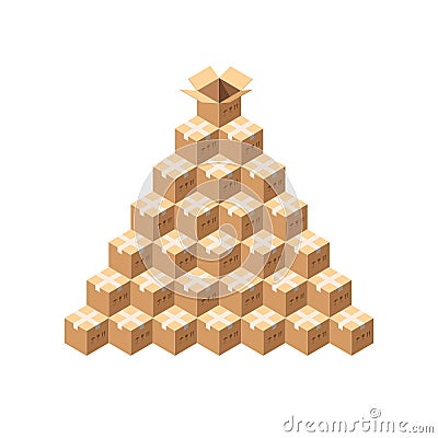 Isometric Vector Packages. Whole Pile of Taped Parcels. Pyramid of Cardboard Boxes Isolated on White Stock Photo