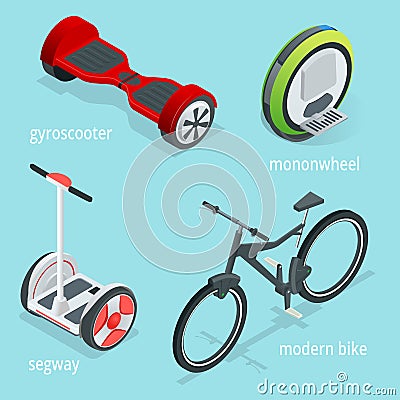 Isometric vector set of Alternative Eco Transport isolated on a blue background. Segway, Monowheel or Solowheel Vector Illustration